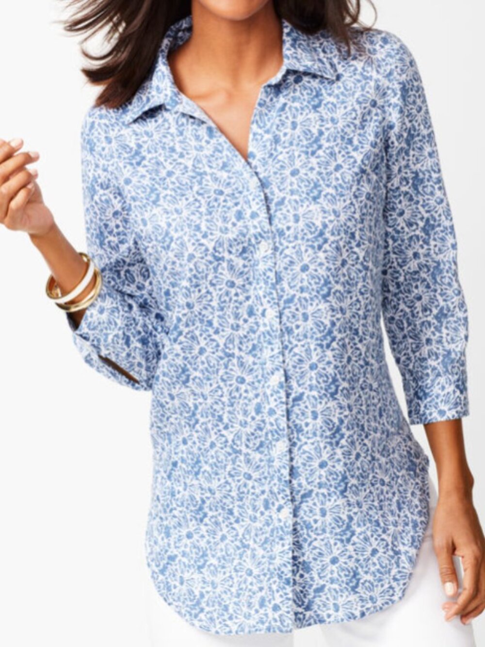 Talbots Blue and White Floral Button-Down Blouse